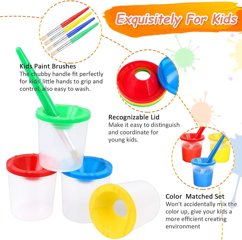 RNKP 4 Piece Children's No Spill Paint Cups with Colored Lids and 4 Piece Large Round Brush Set with Plastic Handles - Image 3